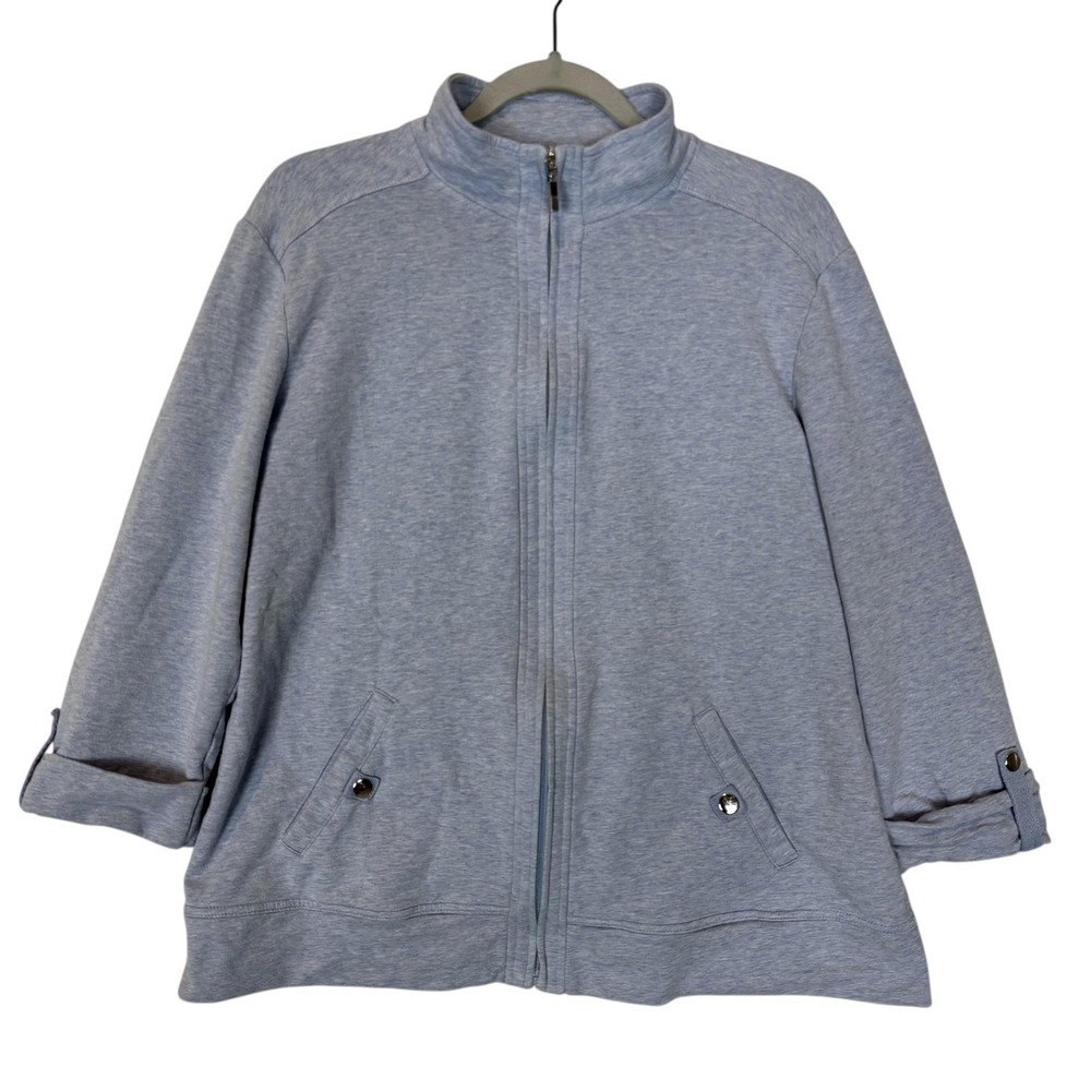 Karen Scott Sport Jacket Womens Large Blue Knit Full Zip Collared Pockets Casual